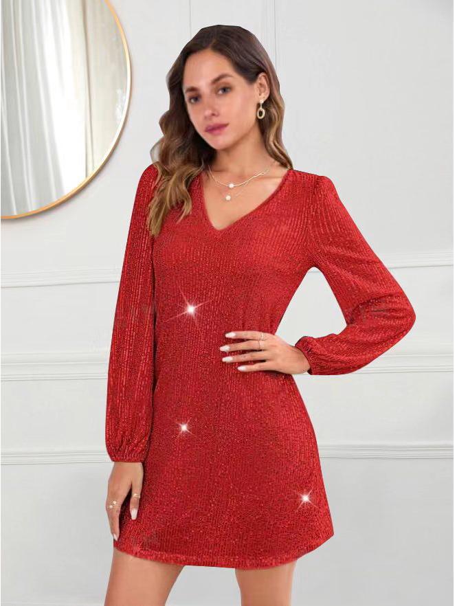 Sommer 2024 Europäisches & Amerikanisches V-Ausschnitt Pailletten Schlank machendes Abendkleid mit langen Ärmeln - Damenmode, Südostasien