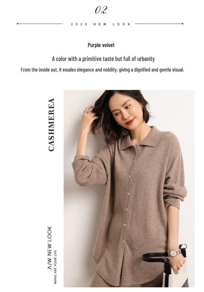 Women's Mid-Length Cashmere Cardigan Sweater - Autumn/Winter Style with POLO Collar
