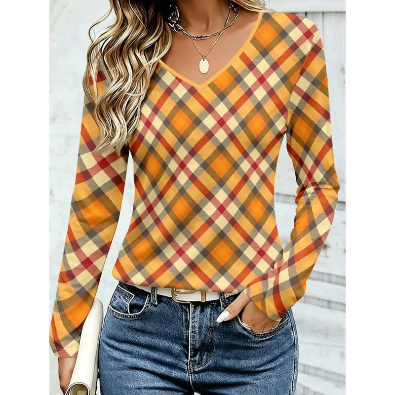 Women's Autumn and Winter 3D Color Striped Printed V-Neck Long Sleeve T-Shirt
