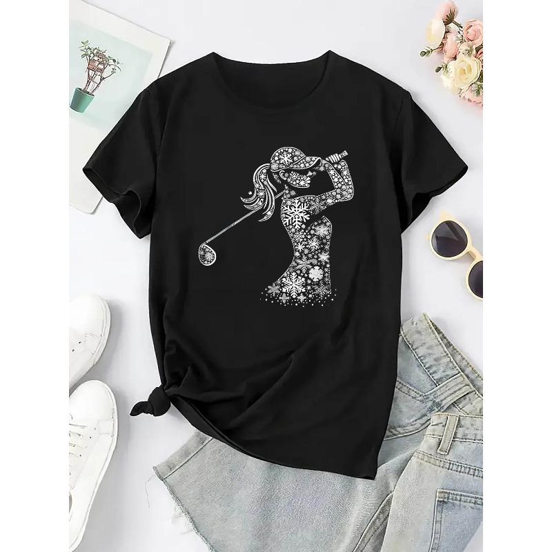 Women's Snowflake & Golfer Graphic Print Tee Short Sleeve Round Neck Casual Golf Sports Top
