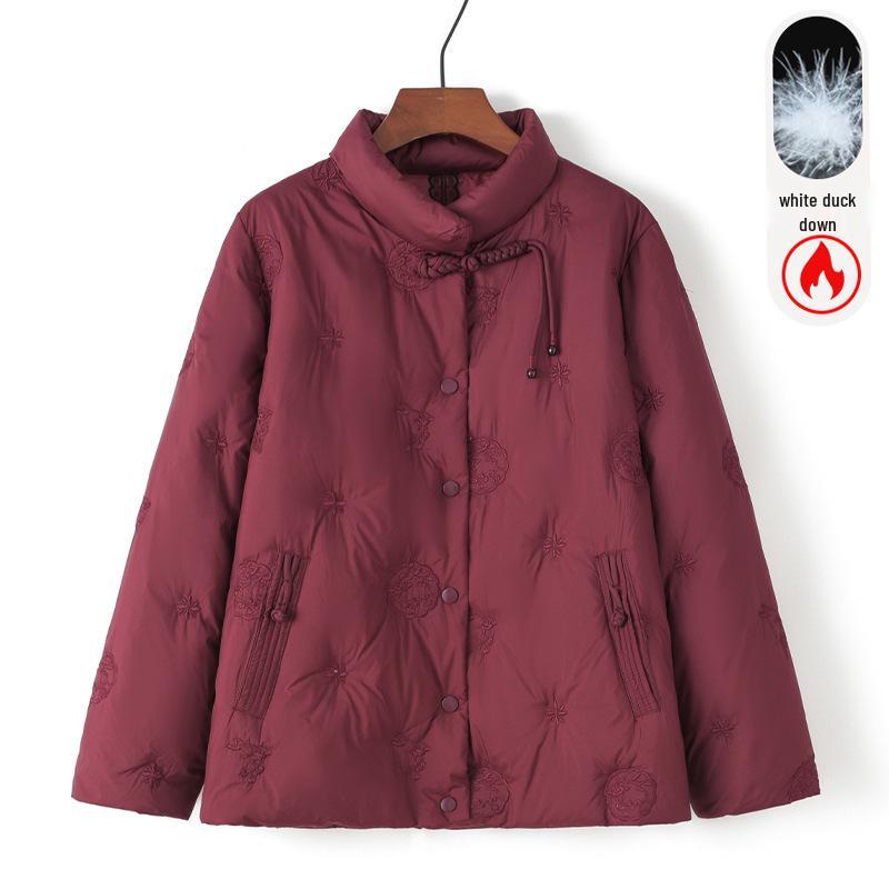 

Women s White Duck Down Jacket for Middle-Aged and Elderly – Stand Collar, Tang Suit Style, Cold-Proof Winter Coat for Mothers and Grandmas. 3XL (110-125 jin) красный