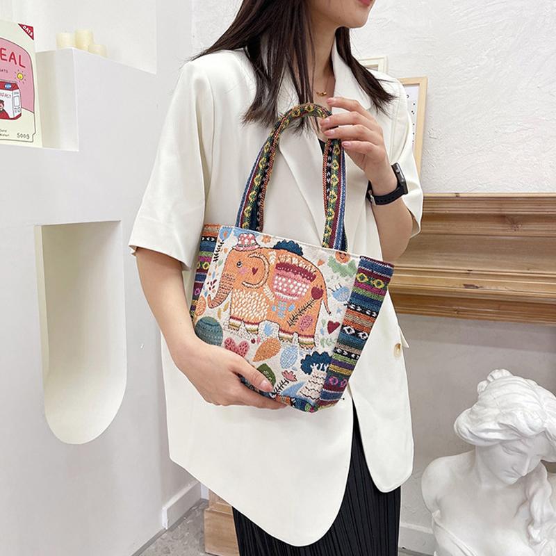 Ethnic Style Handbag Trendy Animal Embroidery Handbag Canvas Women Shoulder Bags Women Grocery Storage Pouch