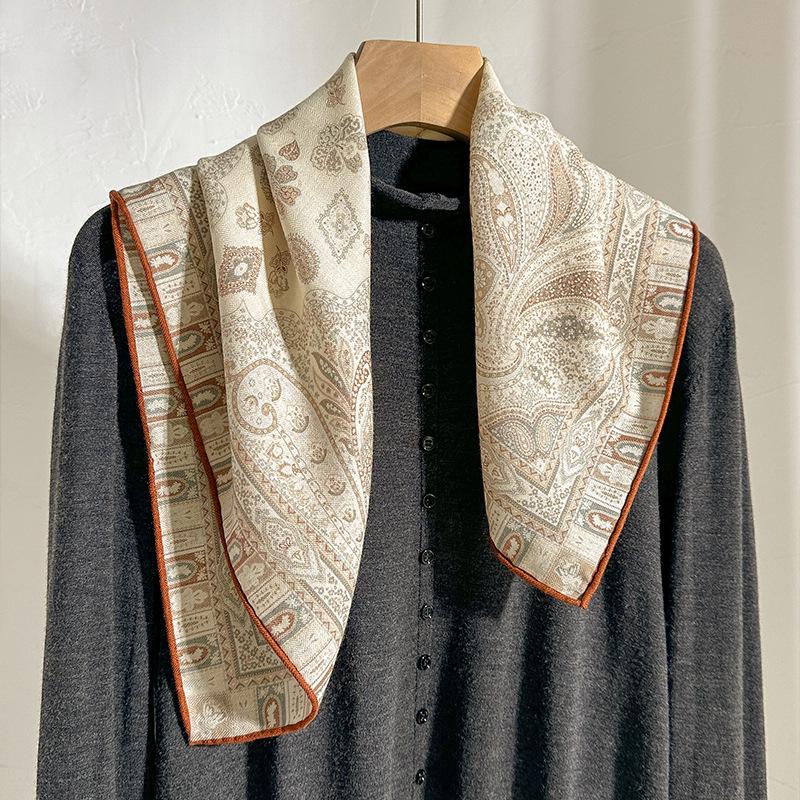 Elegant beige classic paisley pattern silk wool scarf women s spring and autumn silk wool square scarf shawl scarf 60*60cm