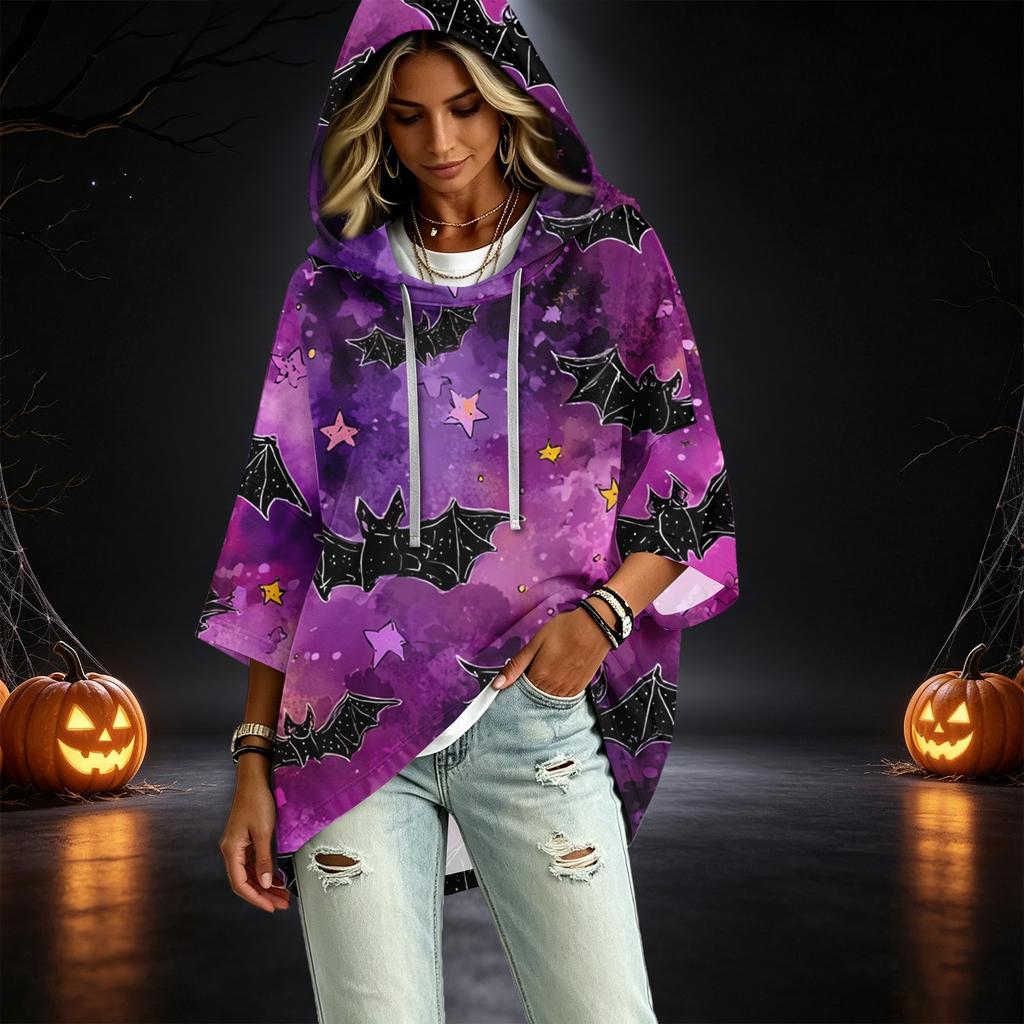 Women's Halloween Printed Hoodie 3/4 Sleeve Pullover Casual Tunic for Party