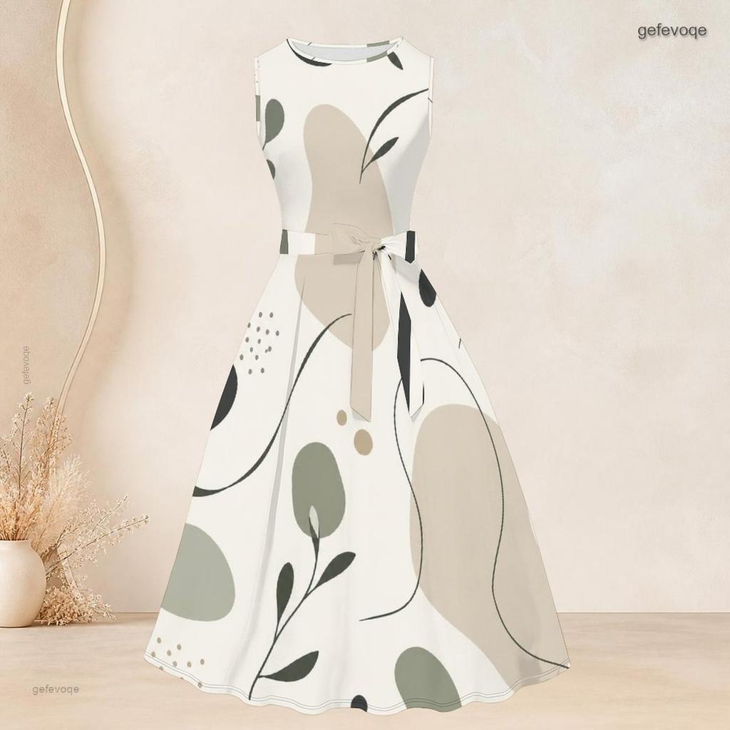 Women Plus Size Two Piece Set Printed 3 4 Sleeve Open Cardigan Sleeveless Round Neck Tie Waist Flared Dress