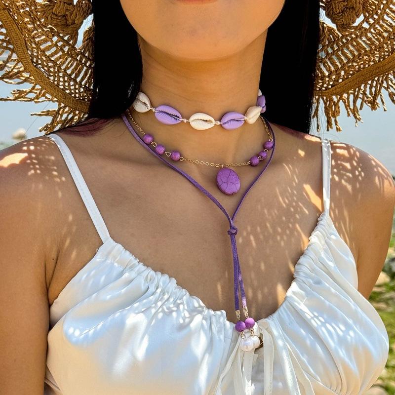 Многослойное ожерелье в богемном стиле из фиолетовых ракушек и рисового бисера, плетеный морской бирюзовый шнур, ожерелье для женщин