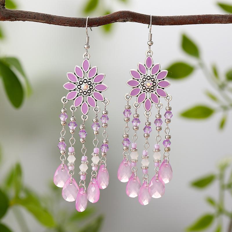 Bohemian Acrylic Water Drop Dangle Earrings for Women Ethnic Classic Crystal Bead Long Charm Earrings Vacation Jewelry