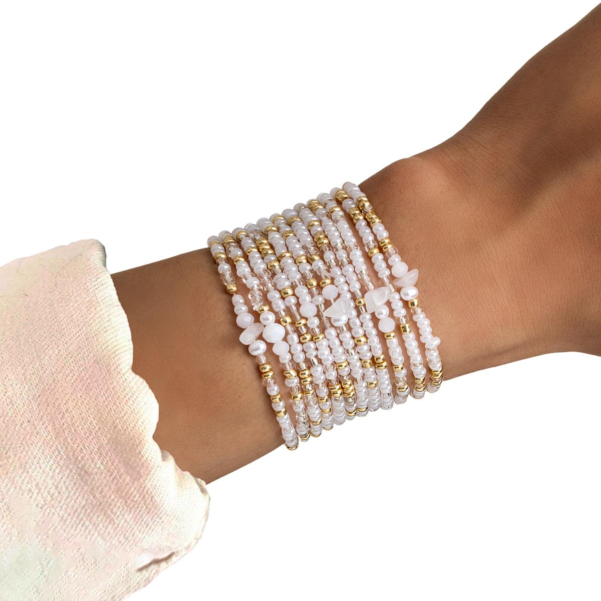 12 Bohemian style white rice beads mixed with glass broken stone multi-layer layered elastic thread women s bracelet