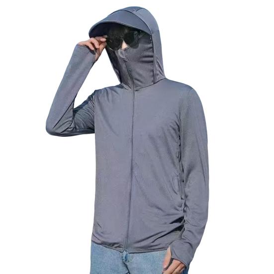 Men Summer Sun Protection Clothing Hooded Drawstring Long Sleeve UV Protection Coat Solid Color Zipper Placket Anti-UV Fishing Clothing