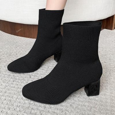 Herbst/Winter 2025 Flying Woven Square Boots Damen High Heels und dicke Absätze Bequemes und atmungsaktives elastisches Tuch