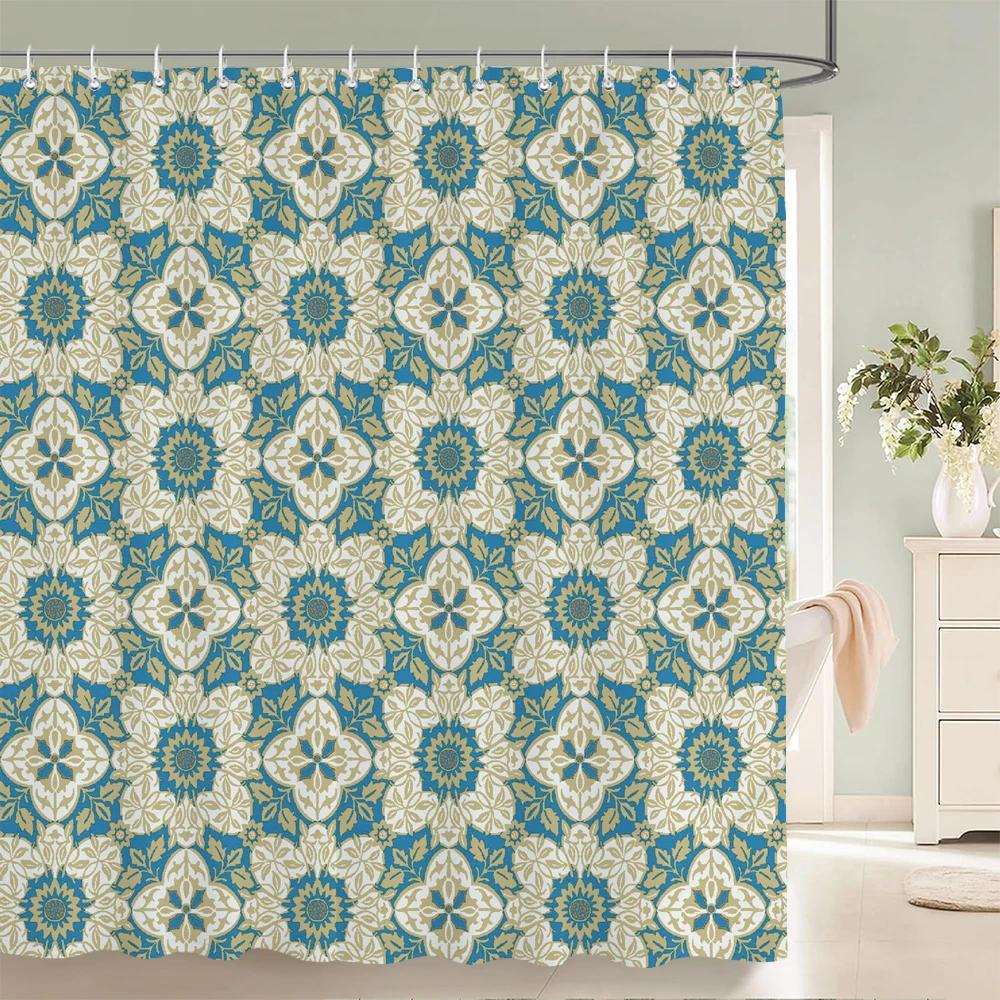 1Pc European Style Golden Flowers Shower Curtain Waterproof Fabric,Floral Print Partition Curtain Decorate Bathroom Curtain