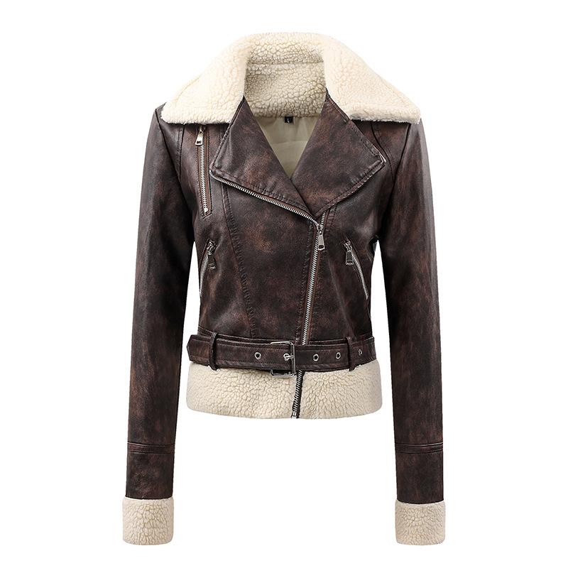 European size women's leather jacket women's slim jacket fur collar autumn and winter coat women's locomotive clothing large size stand-up collar leat