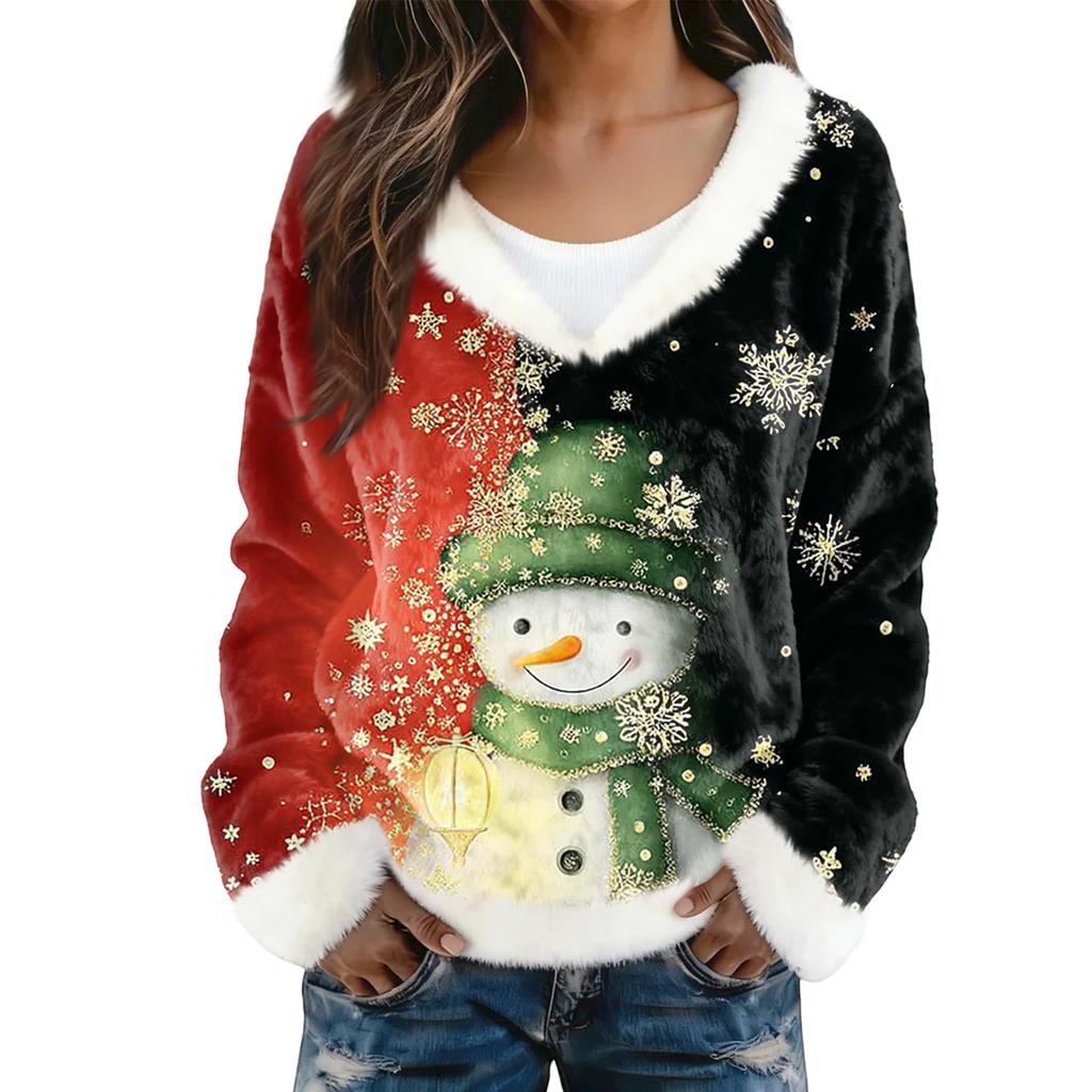 Dámský módní plyšový pulovr s výstřihem do V, tričko s dlouhým rukávem, vánoční potištěná mikina