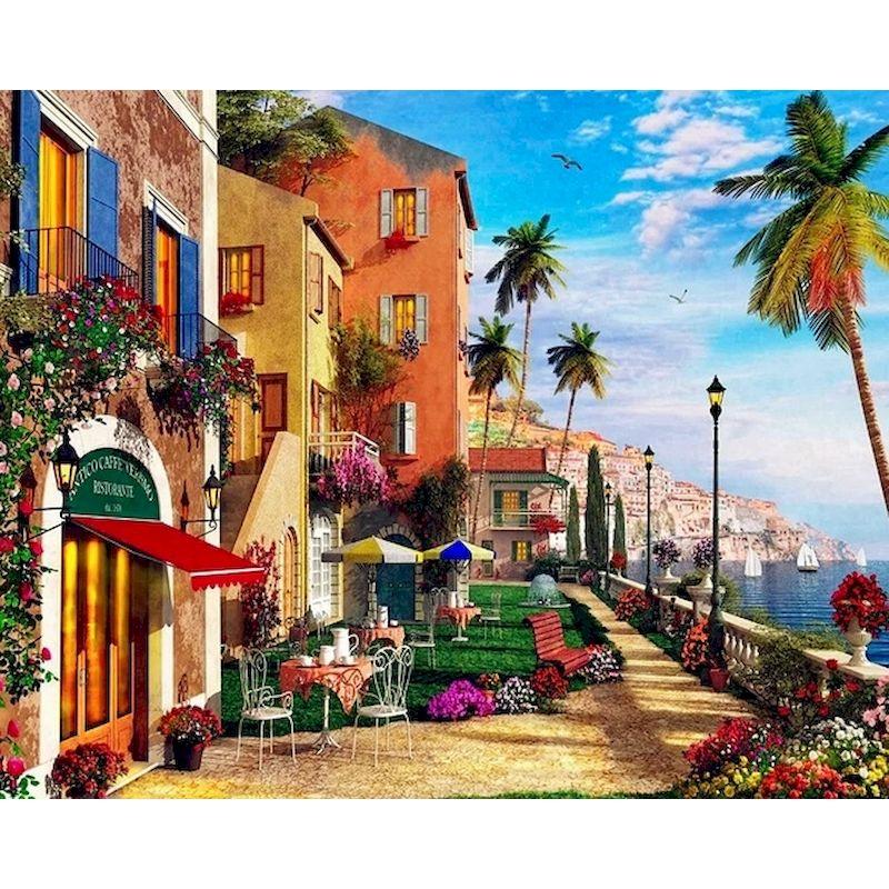 Diamant-Stickerei, Gebäude, Landschaft, Kreuzstich-Set, komplettes rundes Diamantgemälde, Mosaik, Heimdekoration