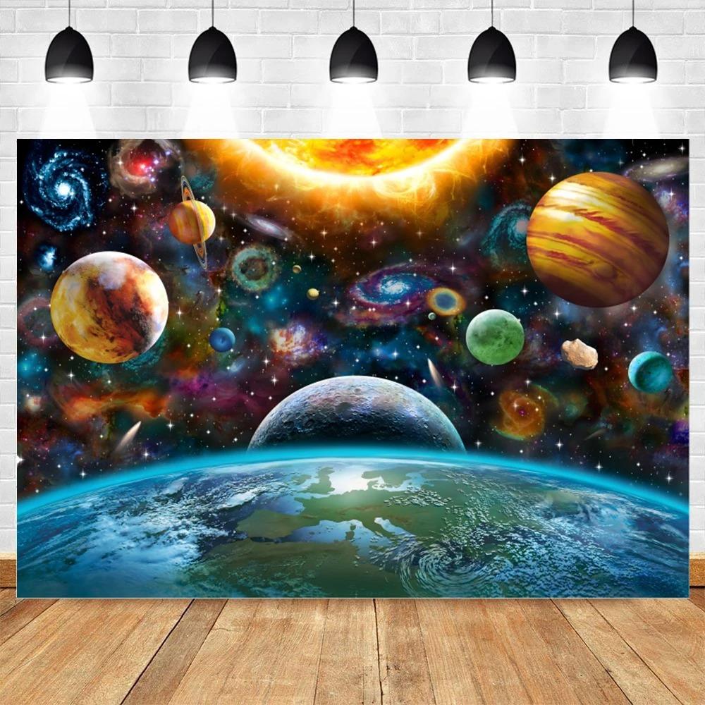Happy Birthday Party Decor Outer Space Photography Background Custom Astronaut Rocket Galaxy Planet Photo Kids Gift Baby Shower