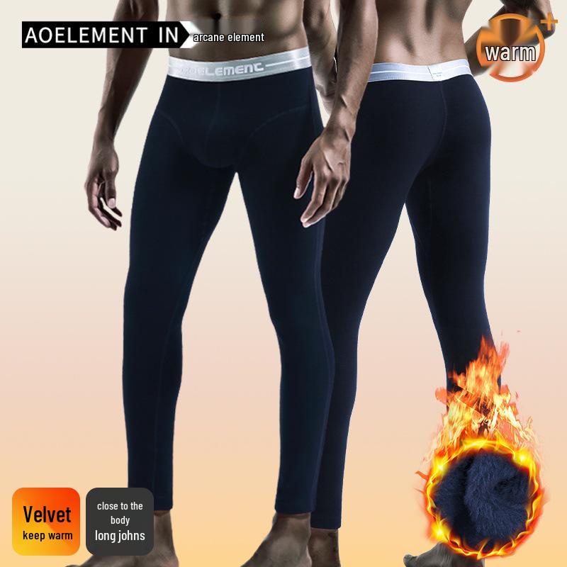 Aoyuan Men's Thickened Plus Velvet One-Piece Slim Leggings, Autumn/Winter Youth Cotton Warm Pants