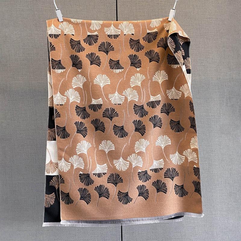 Autumn and winter new retro ginkgo biloba jacquard scarf women's imitation cashmere thickened warm scarf fashionable outer shawl