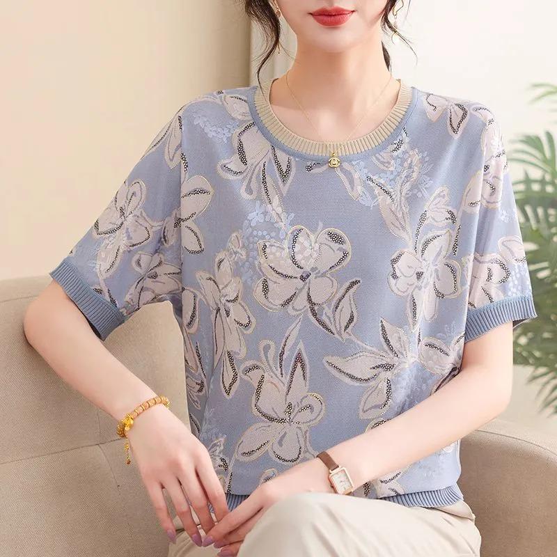 Womens Floral Print Knit Top Short Sleeve Crew Neck Casual Blouse