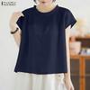 ZANZEA Blusa Casual Feminina de Manga Curta e Cor Sólida com Decote Redondo