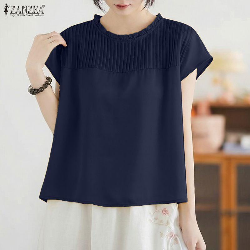 ZANZEA Blusa Casual Feminina de Manga Curta e Cor Sólida com Decote Redondo