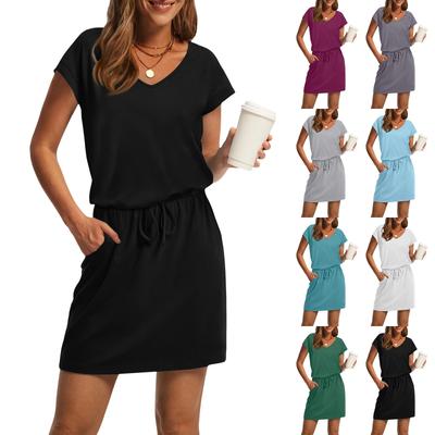 Camiseta Feminina de Verão com Decote em V Casual Manga Curta Cordão Com Bolso Vestidos de Cor Sólida