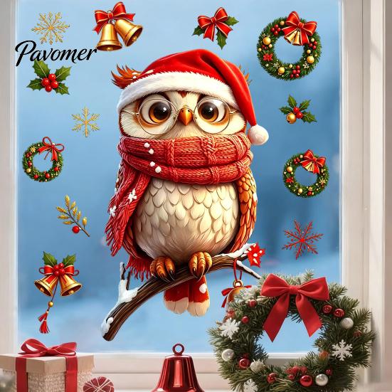 Reusable Christmas Decor Cute Owl Static Window Clings, Santa Hat Scarf Wreath Bell Snowflake Festive Holiday Home Decals, No-Adhesive Glass Stickers