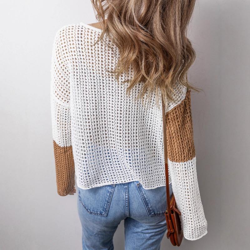 Nový podzimní top s výstřihem do V a dlouhým rukávem pro ženy, ležérní styl, barevně blokovaný dutý svetr pro ženy