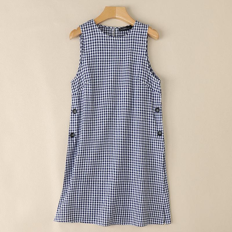 ZANZEA Women Summer Plaid Print Casual Round Neck Side Slit Sleeveless Long Tank Tops