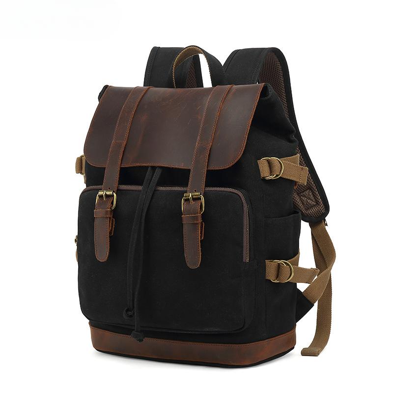 Backpack Male Student Backpack Retro Travel Bag Waterproof Canvas with Top Layer Leather Computer Travel Bag