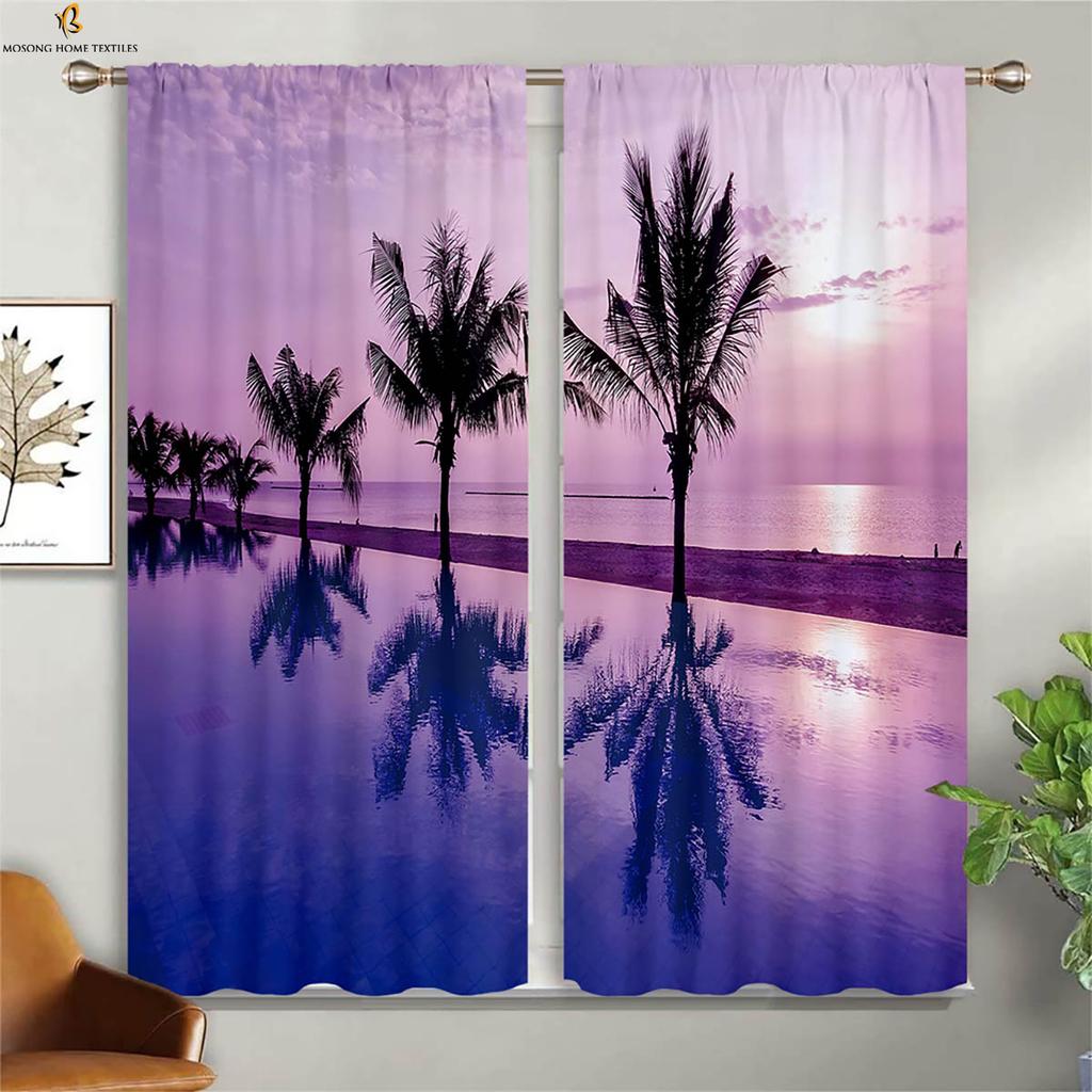 Seaside Scenery Decorative Curtains Beach Coconut Trees Blue Sky Sunset Sea View Room Living Balcony Printed Made Of Polyester Window Treatment