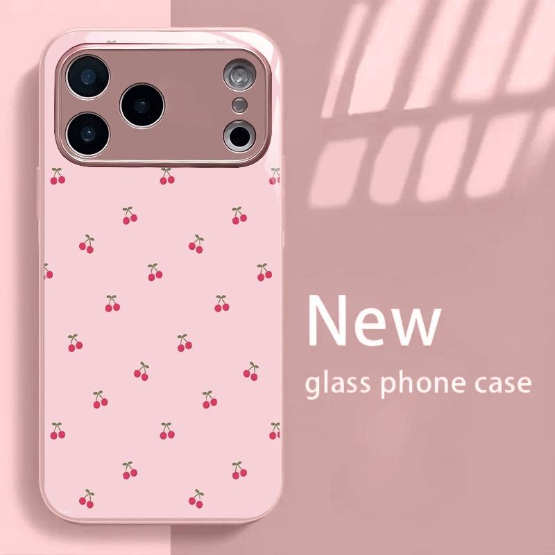 

Cute Cherry Pattern Pink Metallic Tempered Glass Phone Case For iPhone 11 12 13 14 15 16 17 Pro Max 15 14 Plus 17 Air 16E Cover iPhone17 Pro Max