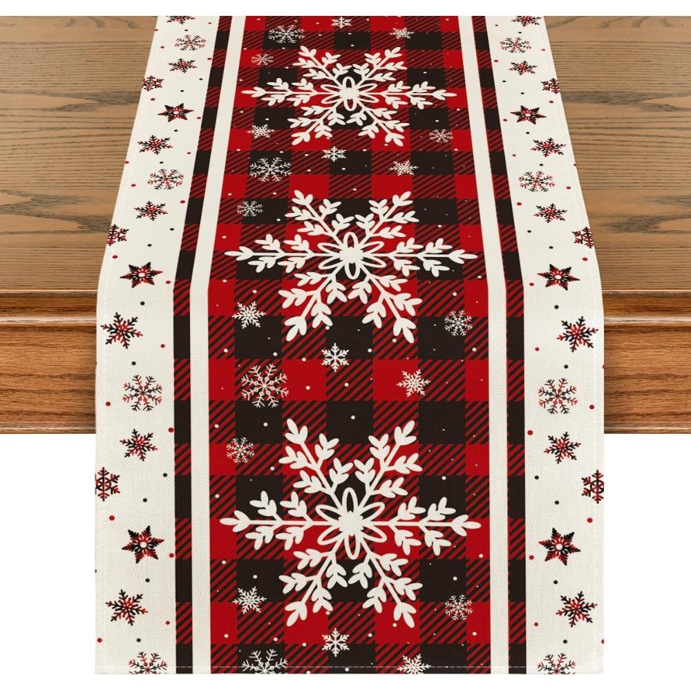 Artoid Mode Buffalo Plaid Snowflakes Christmas Table Runner, Seasonal Winter Kitchen Dining Table Decoration for Home Party Decor 13x72 Inch