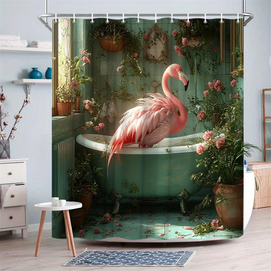 Pink Flamingo In Bathtub Shower Curtain Waterproof Moisture Proof Privacy Protection Print Boho Garden Design Hooks Included