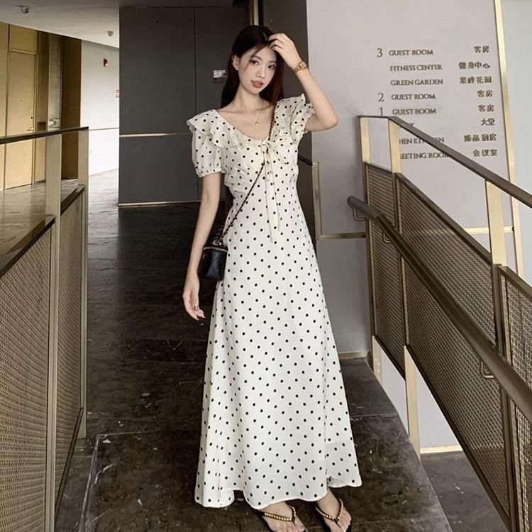French tie puff sleeve polka dot dress for women, new summer ruffle waist-cinching slimming chic elegant long dress