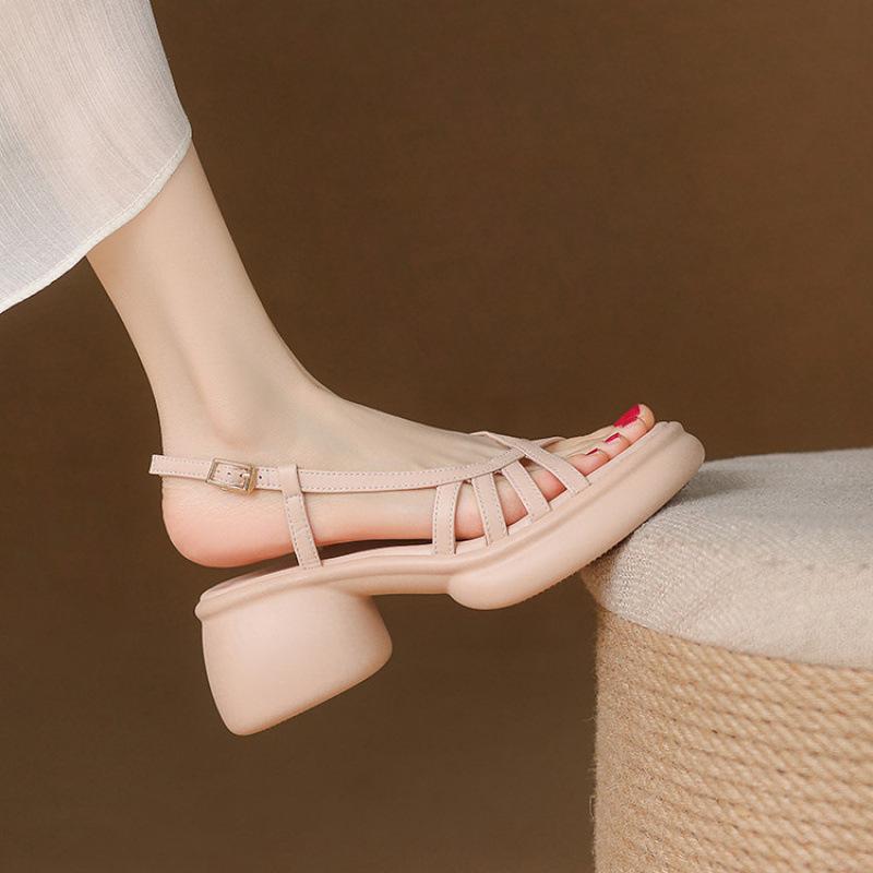 Neue Damen Sandalen Sommer Damen Römische Sandalen lässig einfarbig Damen Schuhe runde Zehenpartie Fuß Plateau Sandalen hoher Absatz