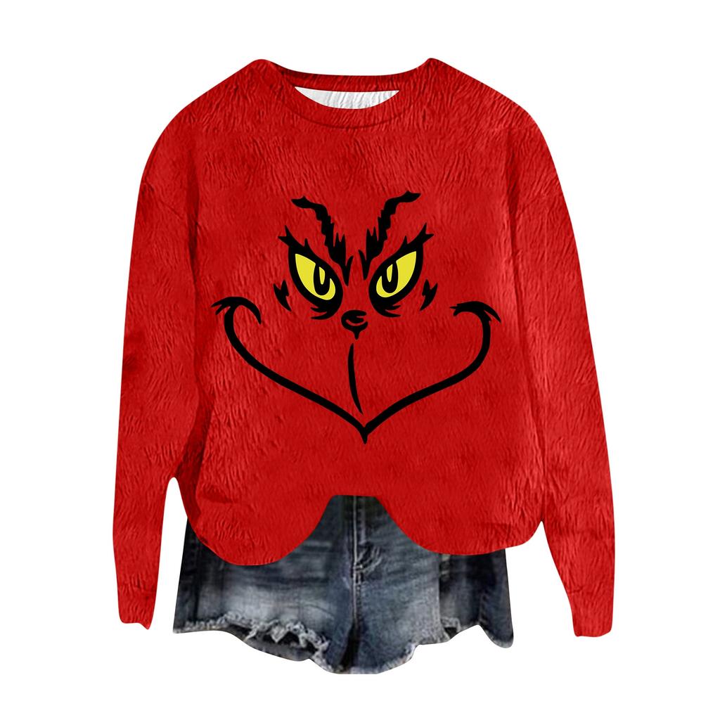 Women's Fashion Round Neck Pullover Top Long Sleeve Tee Christmas Printed Sweatshirt