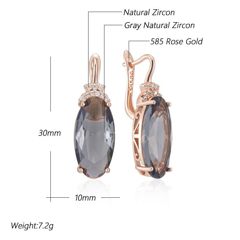 Boucles d'oreilles pendantes ovales grises pour femmes Couleur or rose Avec zircon naturel Haute qualité Bijoux fins quotidiens