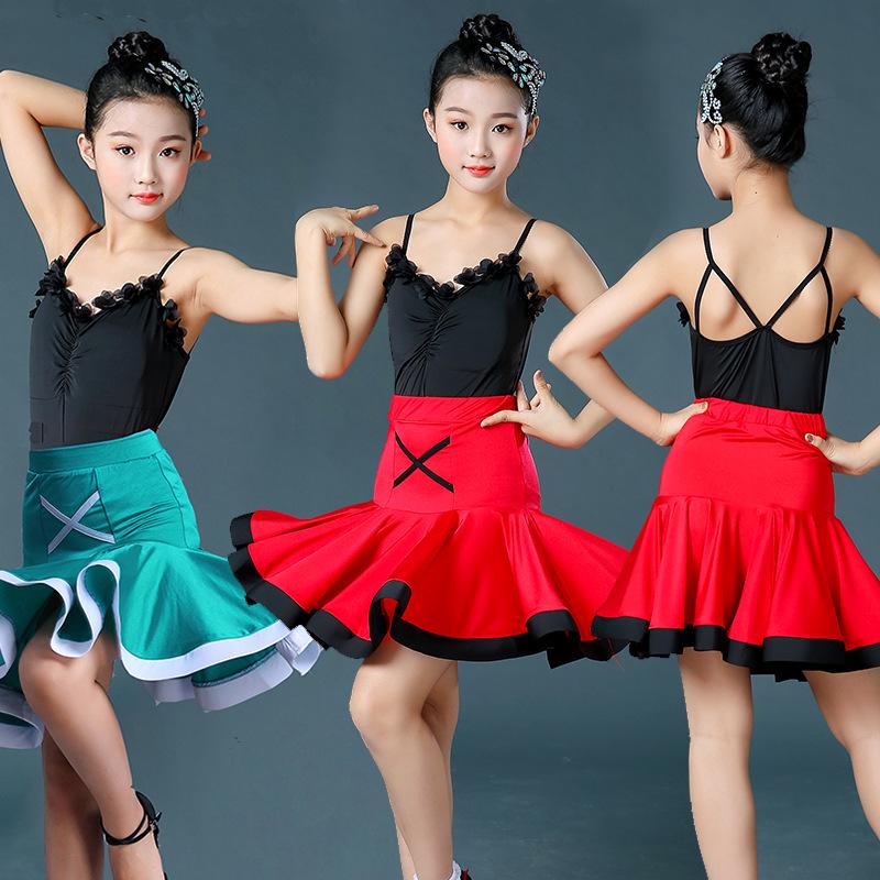 Children's Summer Latin Dance Costume - Girls' Short Sleeve Spaghetti Strap Skirt Set