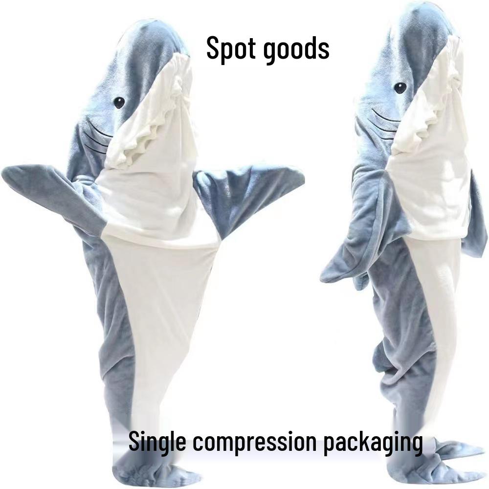 Cute Shark Flannel Pajamas with Chest Pads - Wearable Home & Office One-Piece Outfit