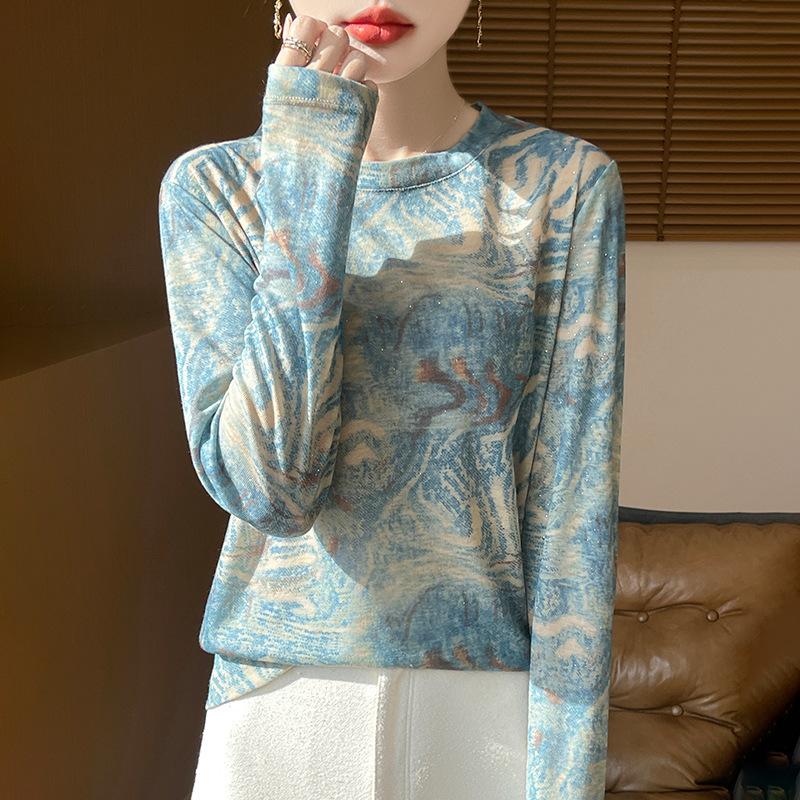 Spring and Autumn New Crew Neck Ink Printing Loose Long Sleeve Inner Fashion Butterfly Printing Long Sleeve Knitted Sweater