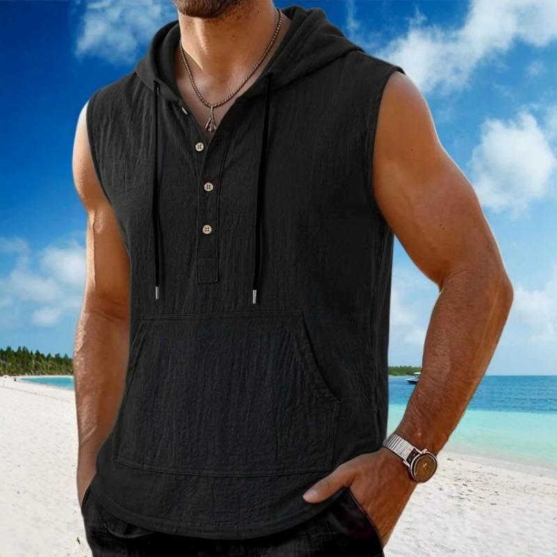 Men's White Linen-Look Sleeveless Hoodie Henley Neck Tank Top with Kangaroo Pocket