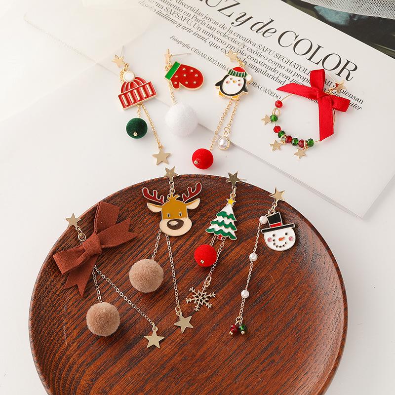Christmas Star Silver Stud Earrings with Wool Ball & Asymmetrical Tassel - Winter Style Cartoon Clip for Girls