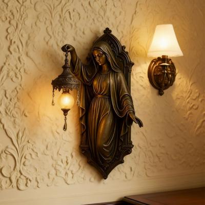 Vintage Mermaid Wall Lamp Artistic Home Office Living Room Bedroom Virgin Mary Resin Statue Wall Sconce Decorative Night Light