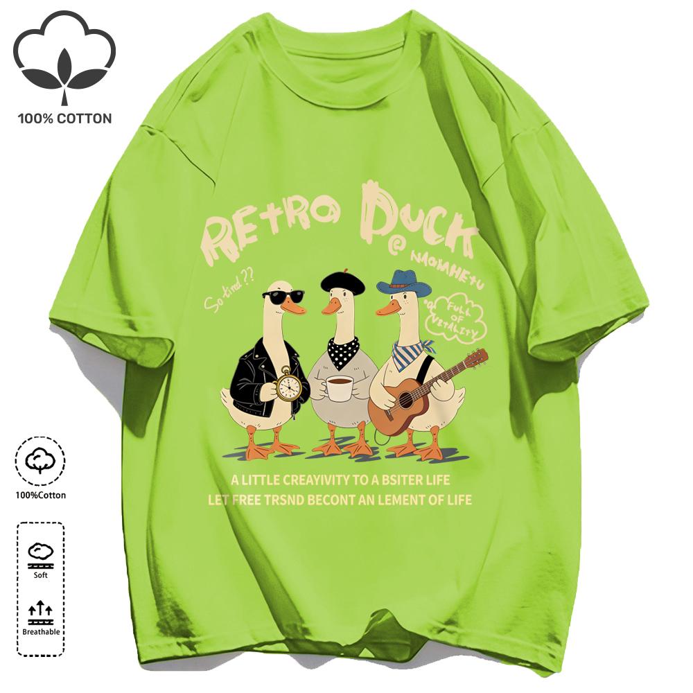 Retro Duck With Free Time T Shirt Unisex Fashion All-Match Basics Streetwear O-Neck Cotton Clothing Unisex Summer Loose Tee