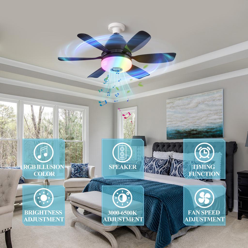 Socket Ceiling Fan With RGB LED Light And Remote Control E27 Screw Ceiling Fans Lamp With Bluetooth Speaker For Bedroom Lighting