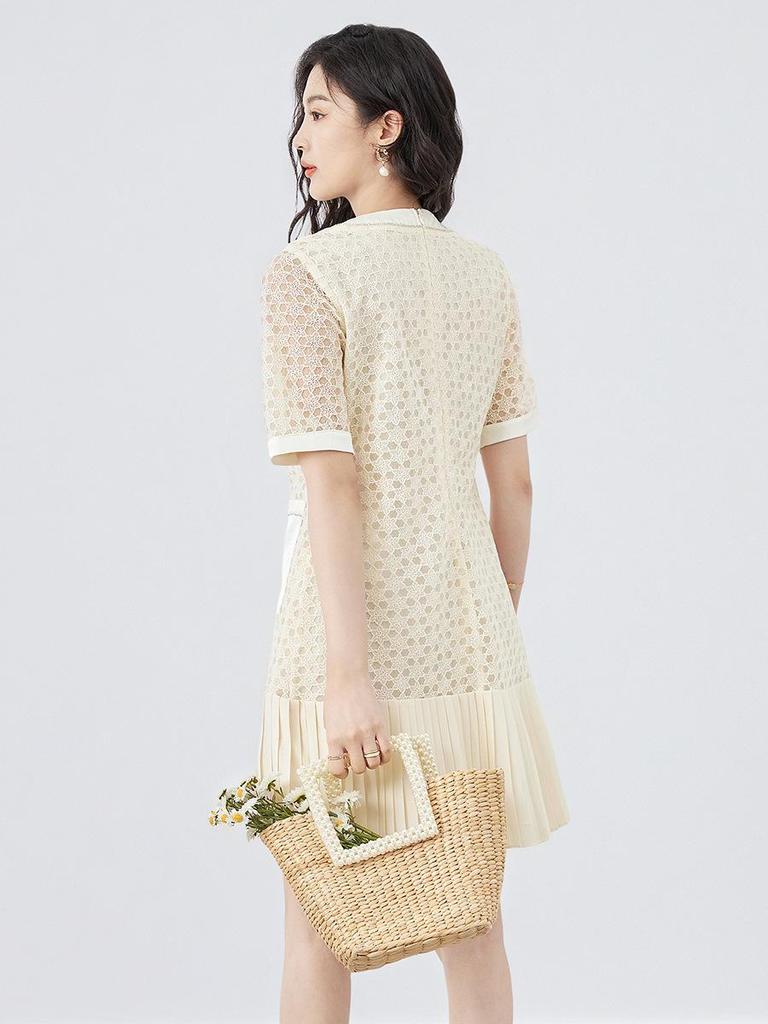 French Quiet Luxury Water-Soluble Lace-Chiffon Pleated Summer Dress