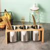 IMEEA Chopstick Holder, Cutlery Stand, Cutlery Holder, Cutlery Case, Stainless Steel with Wooden Frame, 3 Sets