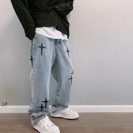 Spring Autumn Denim Pants Star Pattern Solid Color Zipper Fly Wide Leg Loose Jeans Streetwear