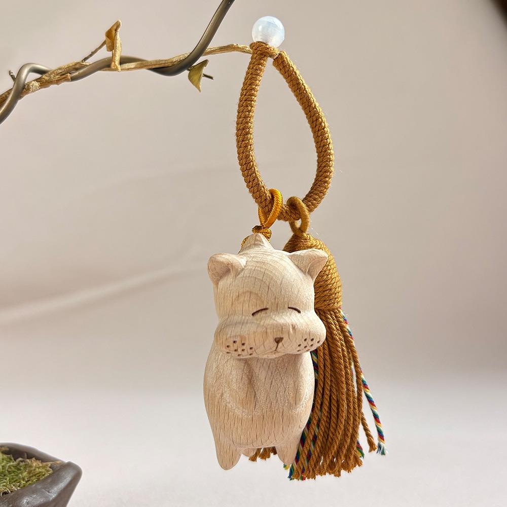 Handmade Wood Carving Cats Bag Charms Keychain Purse Accessories Cute Mini Tassels Pendants Suitable for Bags Backpack