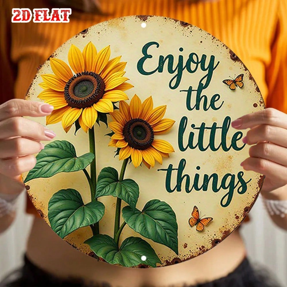 Vintage Sunflower Round Plaque With Butterflies Quote Aluminum Wall Art